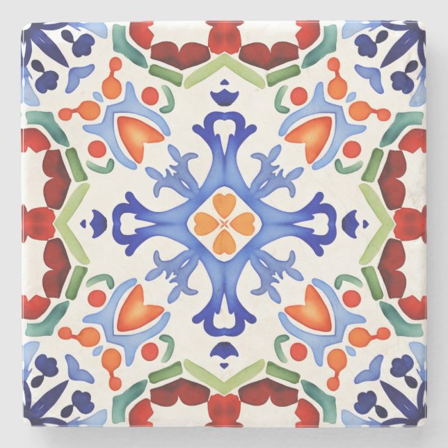Blue Mexican colourful tiles bridal shower printed Stone Coaster (Front)