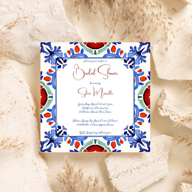 Blue Mexican colourful tiles bridal shower templat Invitation (Blue Mexican colorful talavera tiles Spanish bridal shower invitation template digital download)