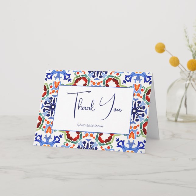 Blue Mexican colourful tiles bridal shower Thank You Card (Front)