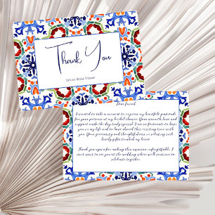 Blue Mexican colourful tiles bridal shower Thank You Card