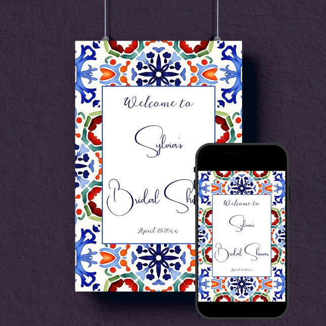 Blue Mexican colourful tiles bridal shower welcome Poster (Blue Mexican colorful azulejo talavera tiles bridal shower welcome sign Poster template download)