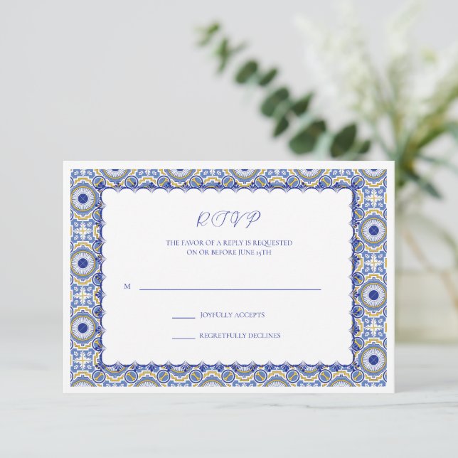 Blue Mexican Talavera Spanish Wedding RSVP Card (Standing Front)