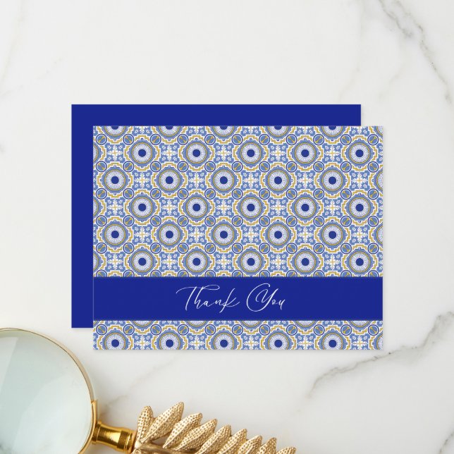 Blue Mexican Talavera Spanish Wedding Thank You Card (Front/Back In Situ)