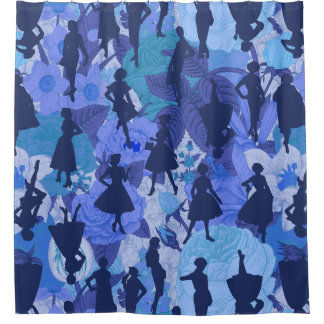 blue mid century 1950s vintage silhouette women shower curtain