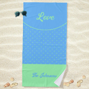 Blue Mid Century Green Retro Dots Summer Love Beach Towel