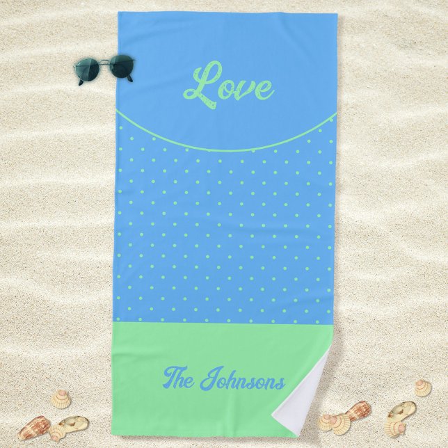 Blue Mid Century Green Retro Dots Summer Love Beach Towel (Love Blue Retro Dots Green Mid Century 50s 60s Beach Towel ©Susanne Sachers - Sunny Mind Design)