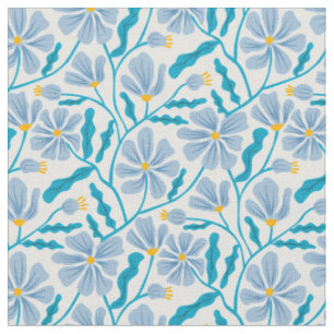 Blue Mid-Century Modern Floral Pattern Fabric