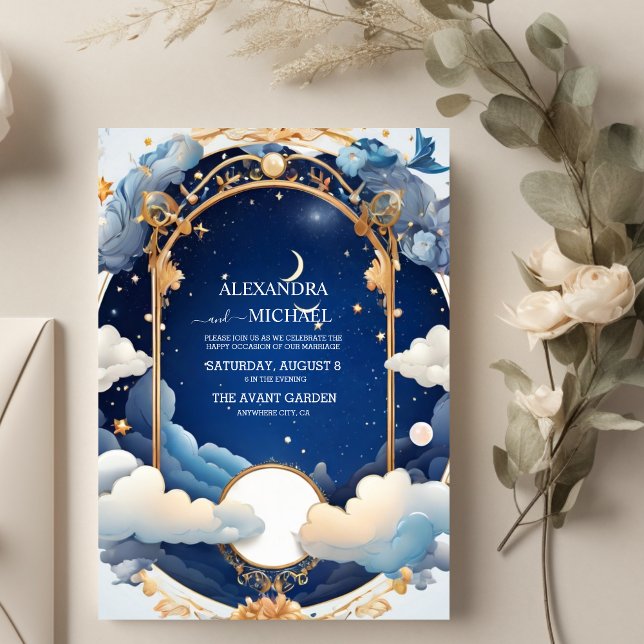 Blue Mid Summer Night Dream Celestial Wedding Invitation (Creator Uploaded)