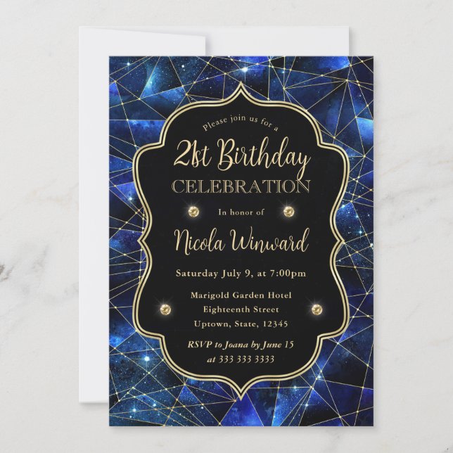 Blue Midnight Crystal Galaxy 21st Birthday photo Invitation (Front)