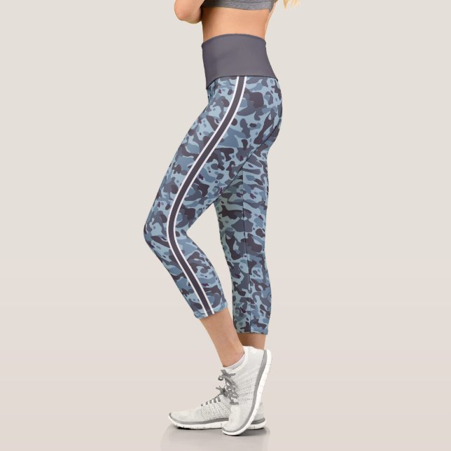 Blue military camouflage white and blue stripes capri leggings (Left)
