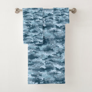 Blue military pixelated camouflage pattern bath towel set