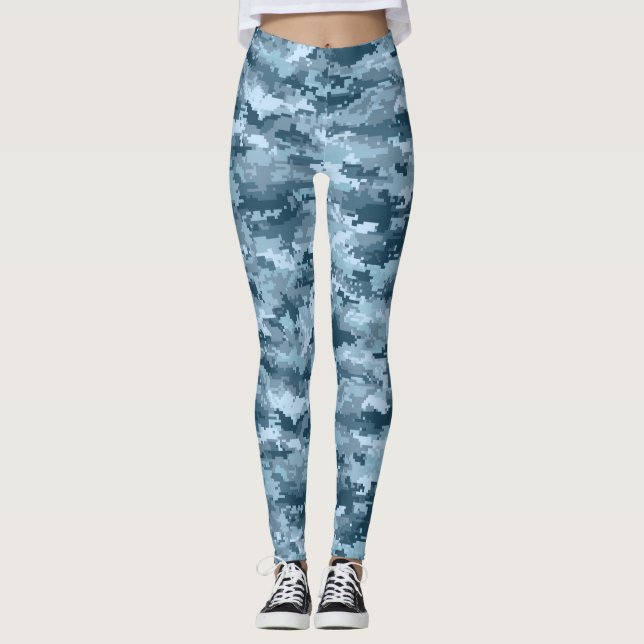 Blue military pixelated camouflage pattern leggings (Front)