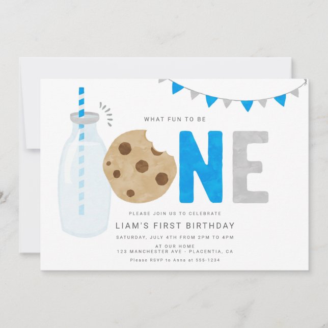 Blue Milk and Cookies First birthday Minimal  Invitation (Front)