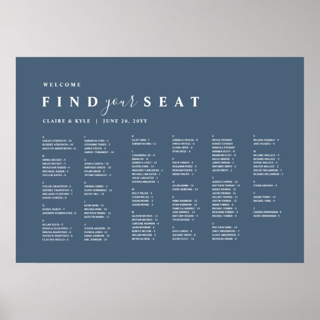 Blue Minimal Alphabetical Wedding Seating Chart (Front)