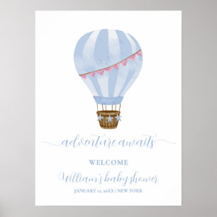 Blue Minimal Hot Air Balloon Baby Shower Welcome Poster