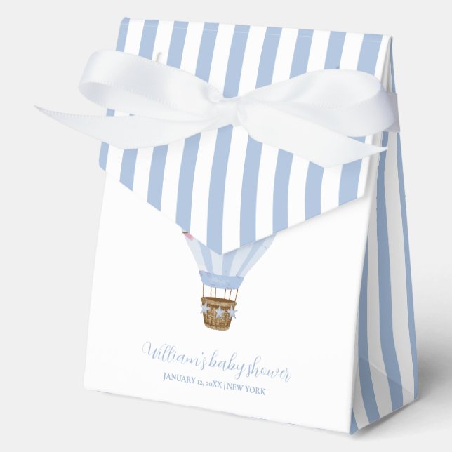 Blue Minimal Stripe Hot Air Balloon Baby Shower Favour Box (Front)