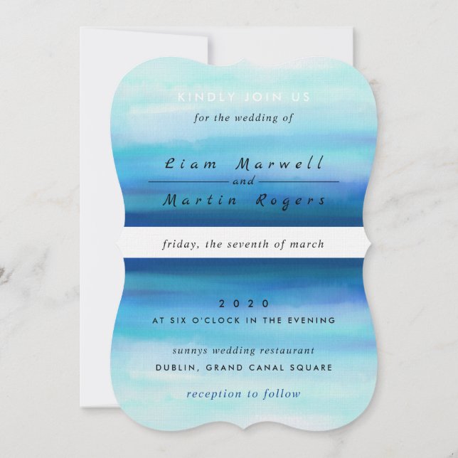 Blue Minimal Watercolor Waves Invitation (Back)