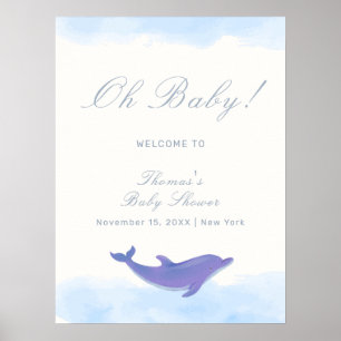 Blue Minimalist Boho Dolphin Baby Shower Welcome Poster