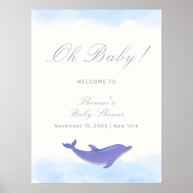 Blue Minimalist Boho Dolphin Baby Shower Welcome Poster (Front)