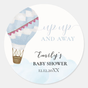 Blue Minimalist Boho Hot Air Balloon Baby Shower Classic Round Sticker