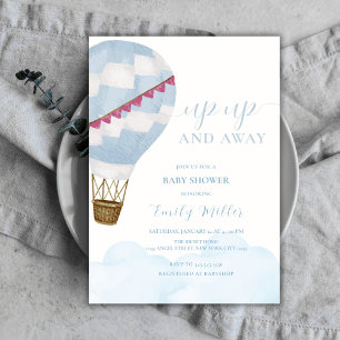 Blue Minimalist Boho Hot Air Balloon Baby Shower Invitation