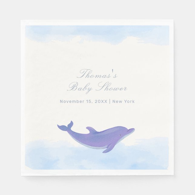 Blue Minimalist Boho Ocean Dolphin Baby Shower Napkin (Front)