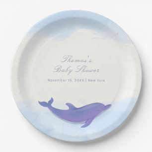 Blue Minimalist Boho Ocean Dolphin Baby Shower Paper Plate
