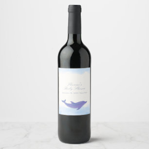 Blue Minimalist Boho Ocean Dolphin Baby Shower Wine Label