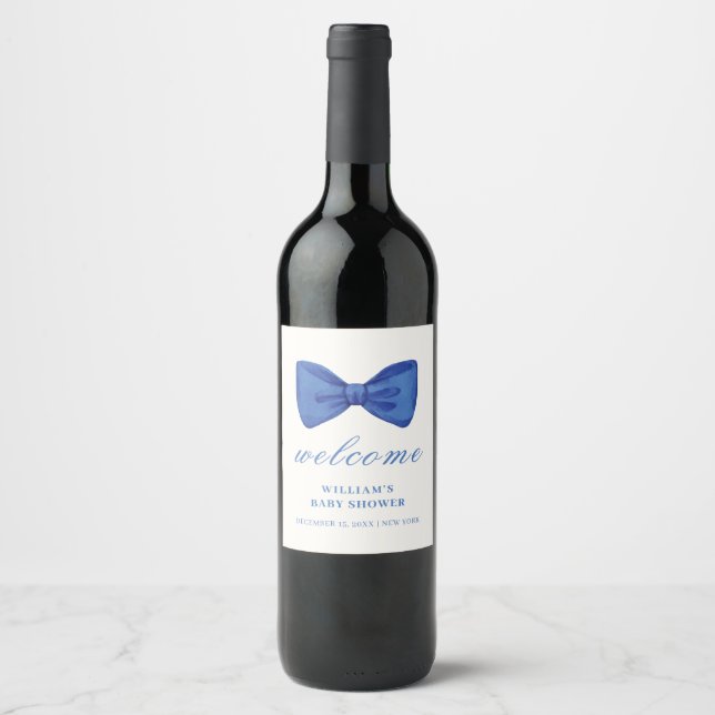 Blue Minimalist Bow Boy Baby Shower Welcome  Wine Label (Front)