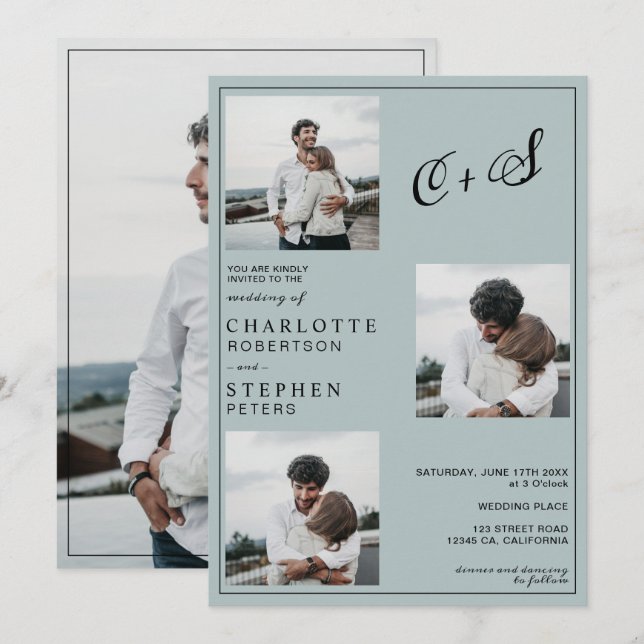 Blue minimalist casual initials photo wedding invitation (Front/Back)