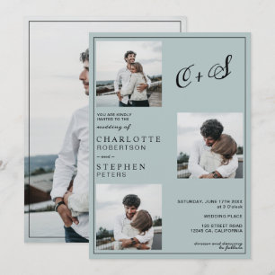 Blue minimalist casual initials photo wedding invitation