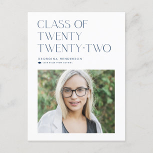 Blue Minimalist Class of 2022 Photo Graduation Announcement Postcard