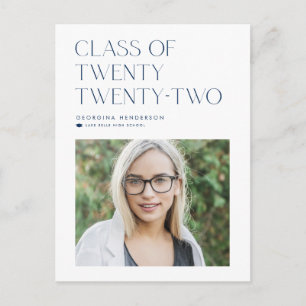 Blue Minimalist Class of 2022 Photo Graduation Announcement Postcard