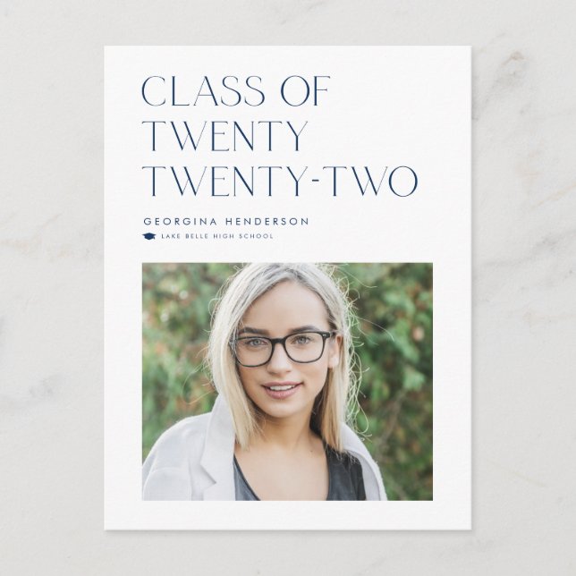 Blue Minimalist Class of 2022 Photo Graduation Announcement Postcard (Front)