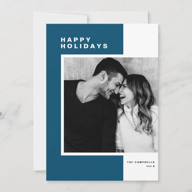 Blue Minimalist Colour Block Happy Holidays Photo  Holiday Card (Front)