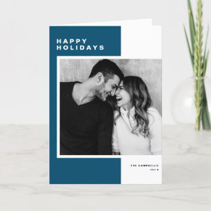 Blue Minimalist Colour Block Happy Holidays Photo Holiday Card
