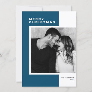 Blue Minimalist Colour Block Merry Christmas Photo Holiday Card