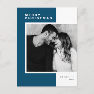 Blue Minimalist Colour Block Merry Christmas Photo Holiday Postcard