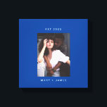 Blue | Minimalist Custom Photo Text Canvas Print<br><div class="desc">Minimalist blue Custom Photo Text Couple Canvas Print featuring large terracotta brown space frame, couple/newlyweds name and engagement year in a modern and simple sans serif font and a personalised photo. Create a perfect wedding, engagement and home warming party gifts for couple, newlyweds, bridal shower, use it as keepsake and...</div>