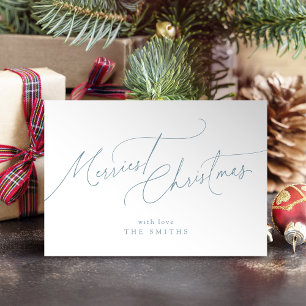 Blue Minimalist Elegant Script Merriest Christmas Holiday Card
