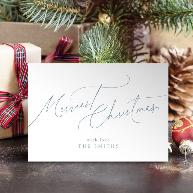 Blue Minimalist Elegant Script Merriest Christmas Holiday Card (Blue Minimalist Elegant Script Merriest Christmas Holiday Card)