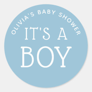 Blue Minimalist Favor Label. Its a Boy Baby Shower Classic Round Sticker