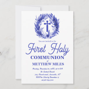 Blue Minimalist floral first catholic communion Invitation