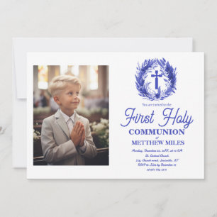 Blue Minimalist floral first catholic communion Invitation