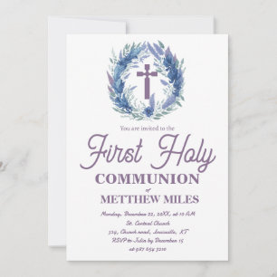 Blue Minimalist floral first catholic communion Invitation
