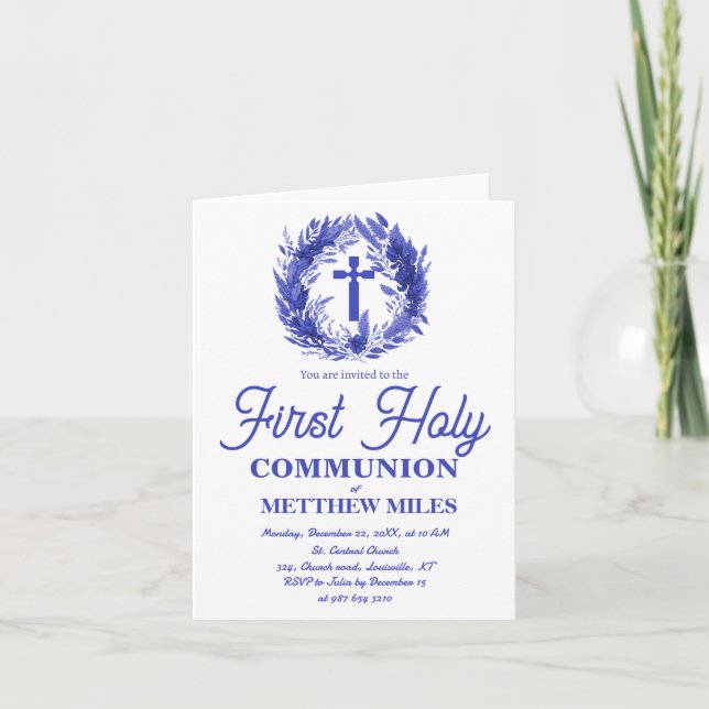 Blue Minimalist floral first catholic communion Invitation (Front)