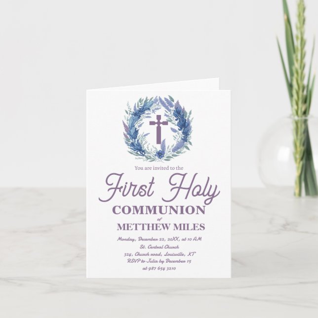 Blue Minimalist floral first catholic communion Invitation (Front)