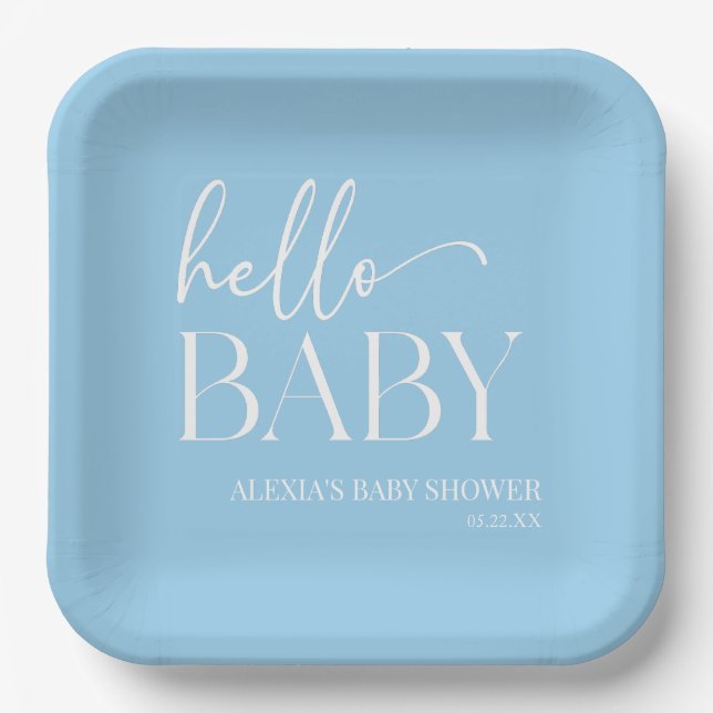 Blue Minimalist Hello Baby Baby Shower Paper Plate (Front)