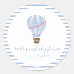 Blue Minimalist Hot Air Balloon Boy Baby Shower Classic Round Sticker