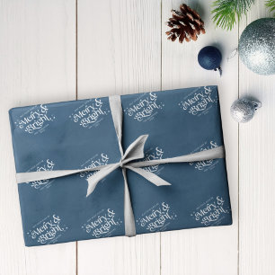 Blue Minimalist Merry & Bright Christmas Wrapping Paper